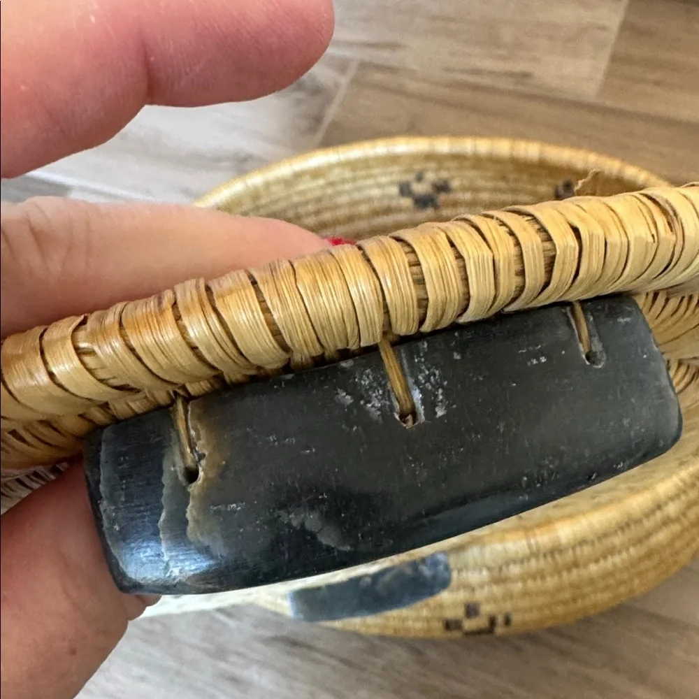 Inuit coil Lyme sea grass woven double soapstone walrus with tusks lid handle
